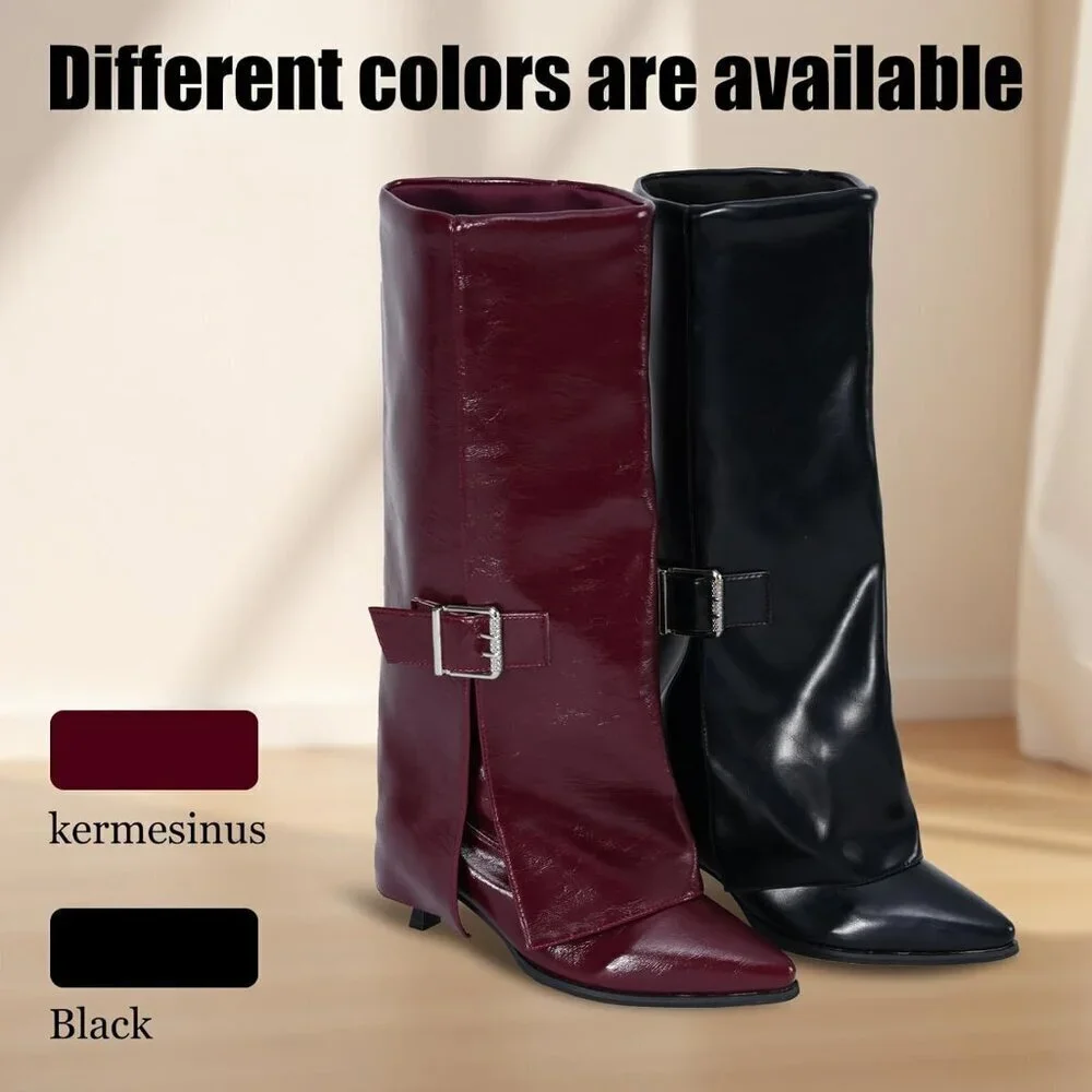 Women's Burgundy Fold Over Pointed Toe Kitten Heels Wide Calf Minimalist Boots